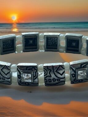 Vintage Silver-Tone and White Stretch Bracelet with Clear Accent Stones
